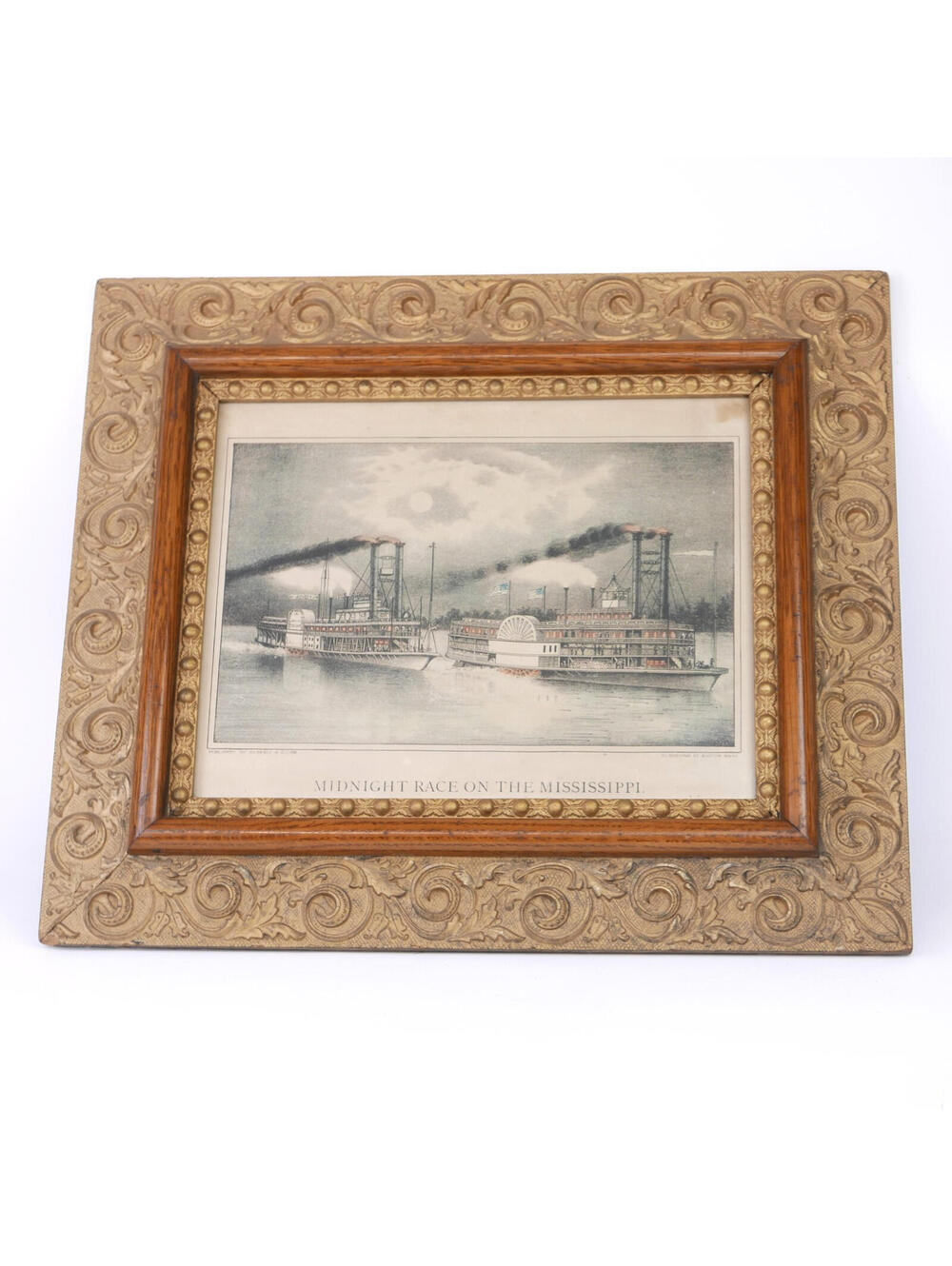Antique Steamboat Lithograph Midnight Race on Mississippi Haskell & Allen Framed